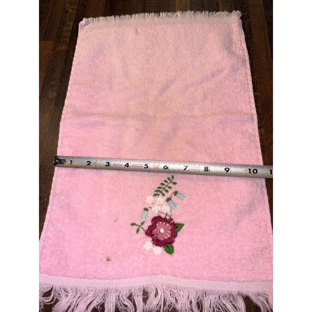Vintage Pink Hand Towels Set of 2 Floral Embroidery Fringe Cottagecore Stains